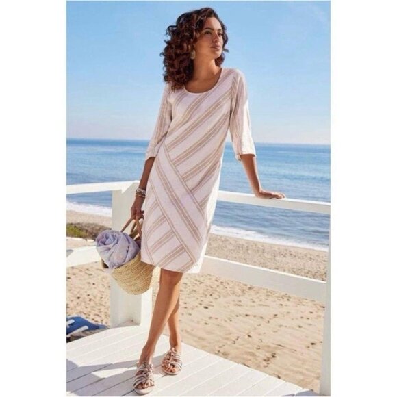 Soft Surroundings XL P Ivory Stripe‎ Linen Blend Shift Dress Modest 3/4 Sleeves - Picture 1 of 9